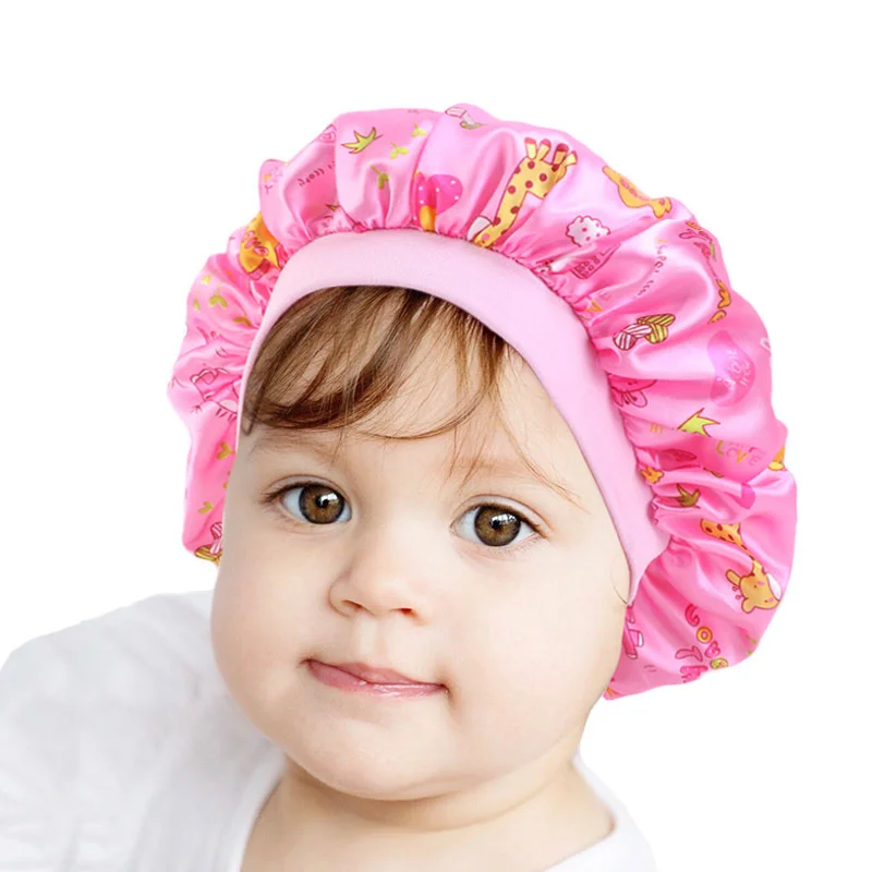 Silky Satin Solid Wide-brimmed Sleeping Hat Girl Night Sleep Hair Cap Care Baby Bonnet Nightcap For Children Unisex Hair Tool