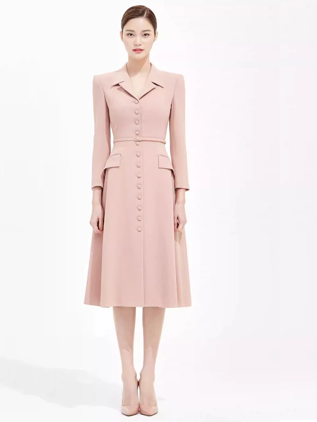 Elegant A-Line Dress Tailored Suit Collar Long Sleeve Slim Fit Midi Dress Single Button Polyester Fiber Spring Autumn Ladies