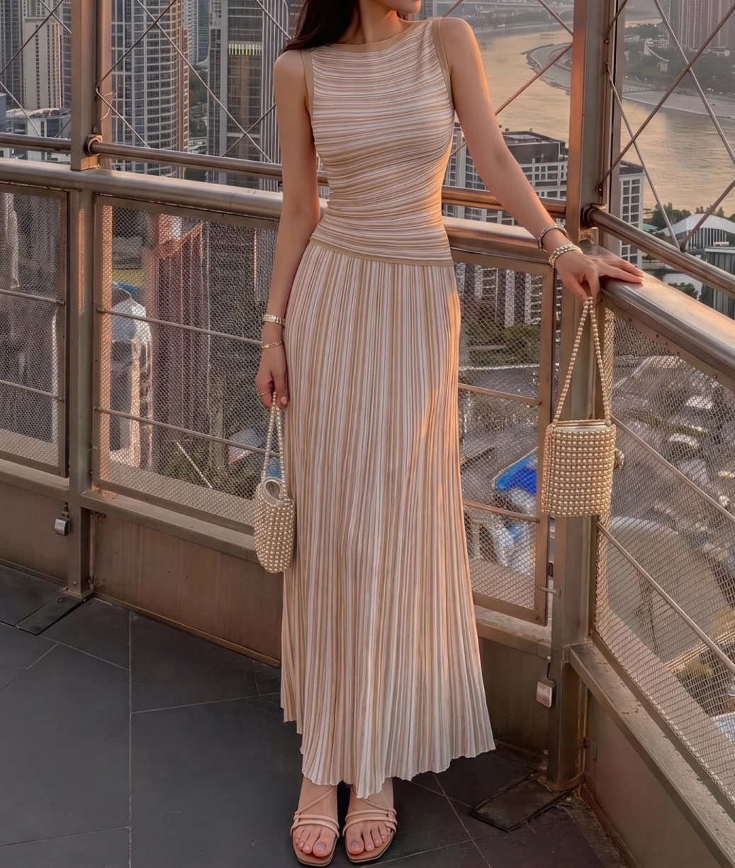 Women Metallic Sequined O-neck Sleeveless Asymmetric Top + High Waist Stripes Long Skirt