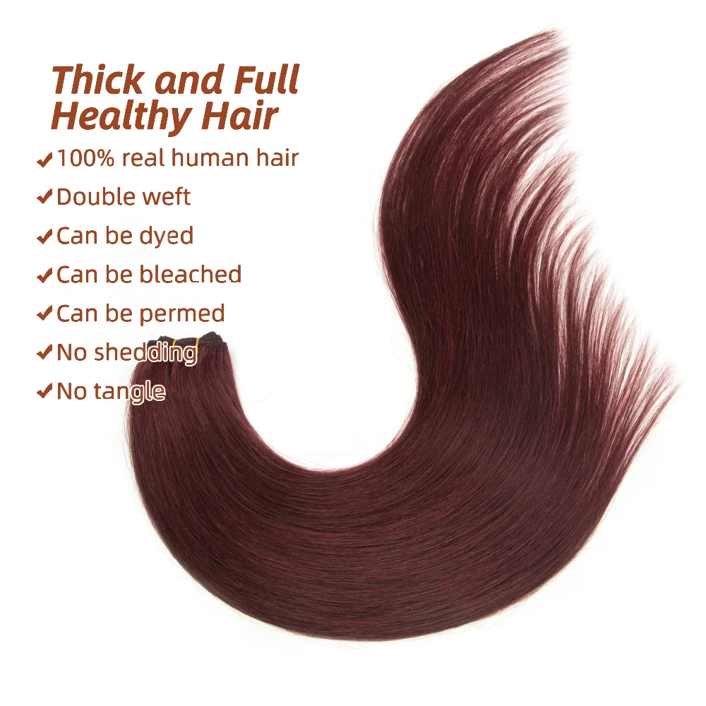 SPIKFN 다크 레드 인간의 머리카락 위사 헤어 번들 익스텐션 착용하기 쉬운 실제 기계 레미 헤어 12-24인치 50g/번들