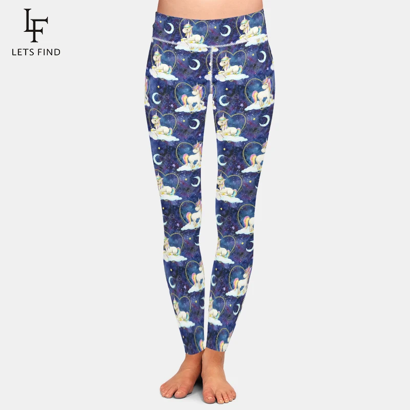 LETSFIND High Quaility Unicorn Clouds Moon Stars Print Women Slim Leggings High Waist Fitness Elastic Slim Girls Full Legging