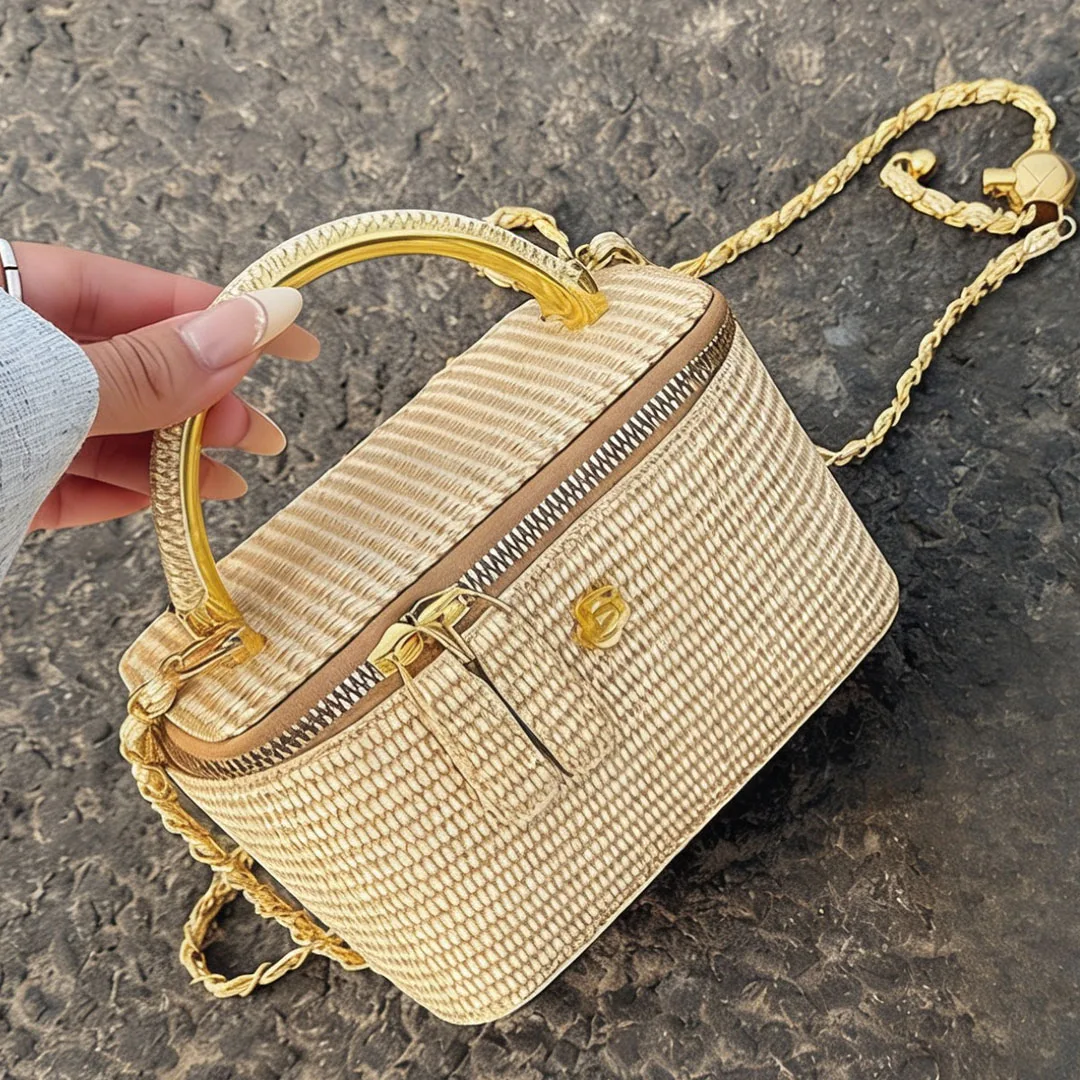 2026 New Woven Pattern Box Bag Small Fragrance Chain Shoulder Bag Golden Handle Handbag Women's Seaside Vacation Commuting Bag image 3