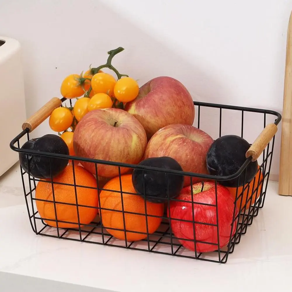 Langlebiger Metall-Aufbewahrungskorb für den Schreibtisch mit Holzgriff Weiß Schwarz Gemüse-Obst-Snack-Halter Großer Behälter für Kleinigkeiten