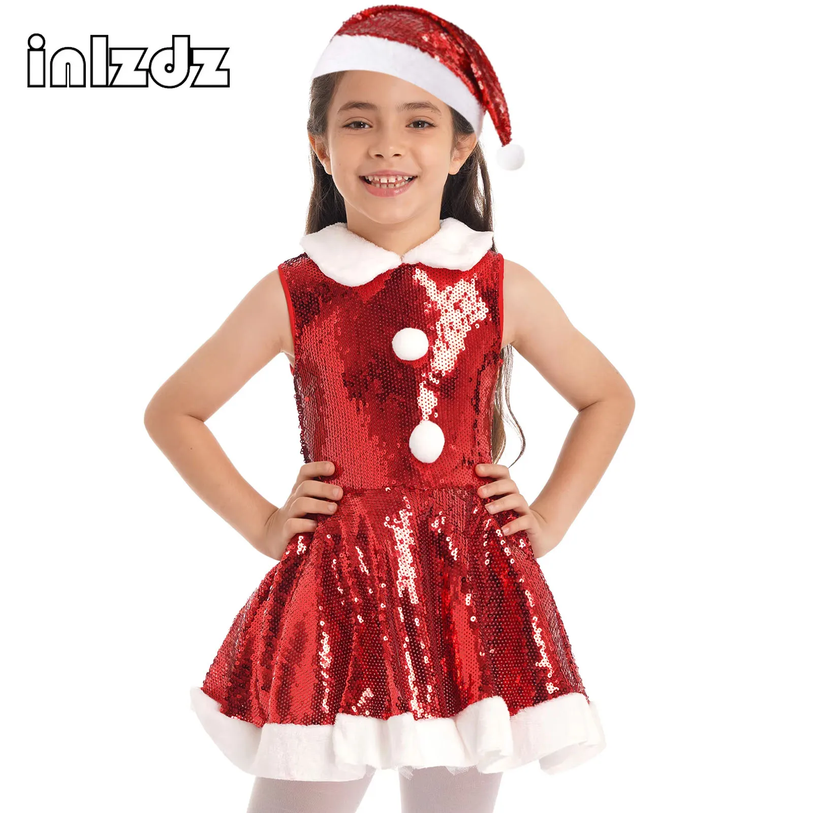 

Little Girls New Christmas Santa Claus Costume Shiny Sequin Red Tutu Dress with Hat Set Carnival Party Clothes Xmas Suit