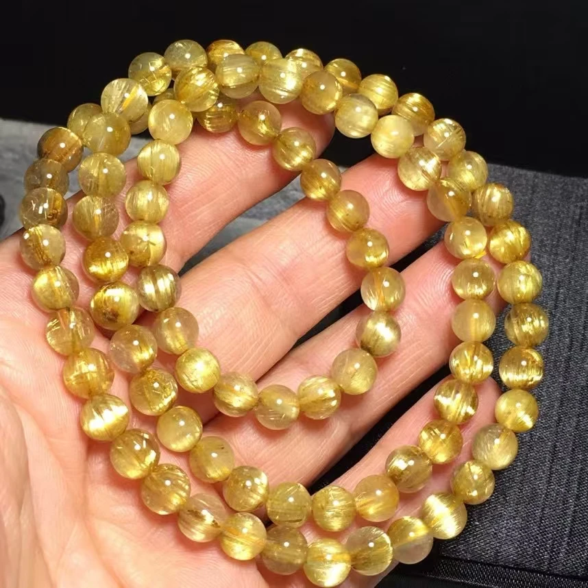 Natural Gold Rutilated Quartz 3 Laps Bracelet 6.5mm Clear Round Beads Rutilated Brazil Women Men Fashion Wealthy Stone AAAAAAA