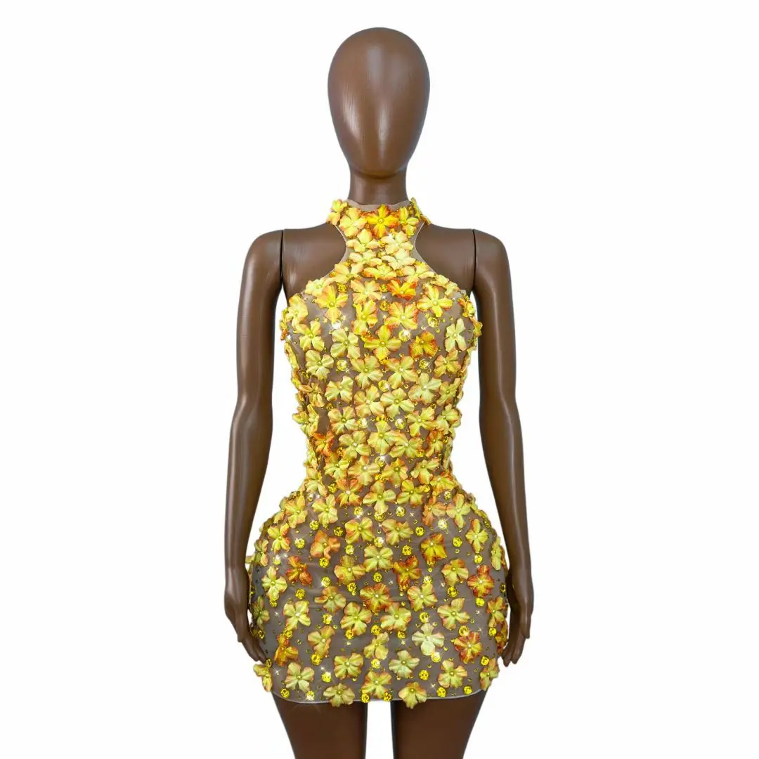 Fengyehua Luxury 3D Floral Yellow Crystal Rhinestone Mesh Mini Dress Halter Neck Singer Competition Performance Outfit
