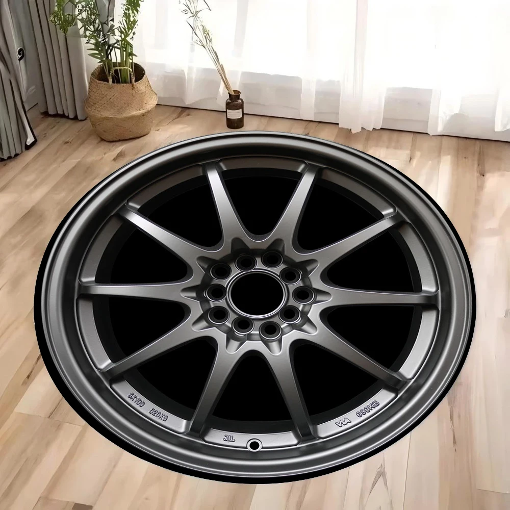 Crystal Velvet Carpet Car Wheels Printing Round Rug Soft Non-Slip Floor Mat for Living Room Bedroom Kitchen Bathroom Decor