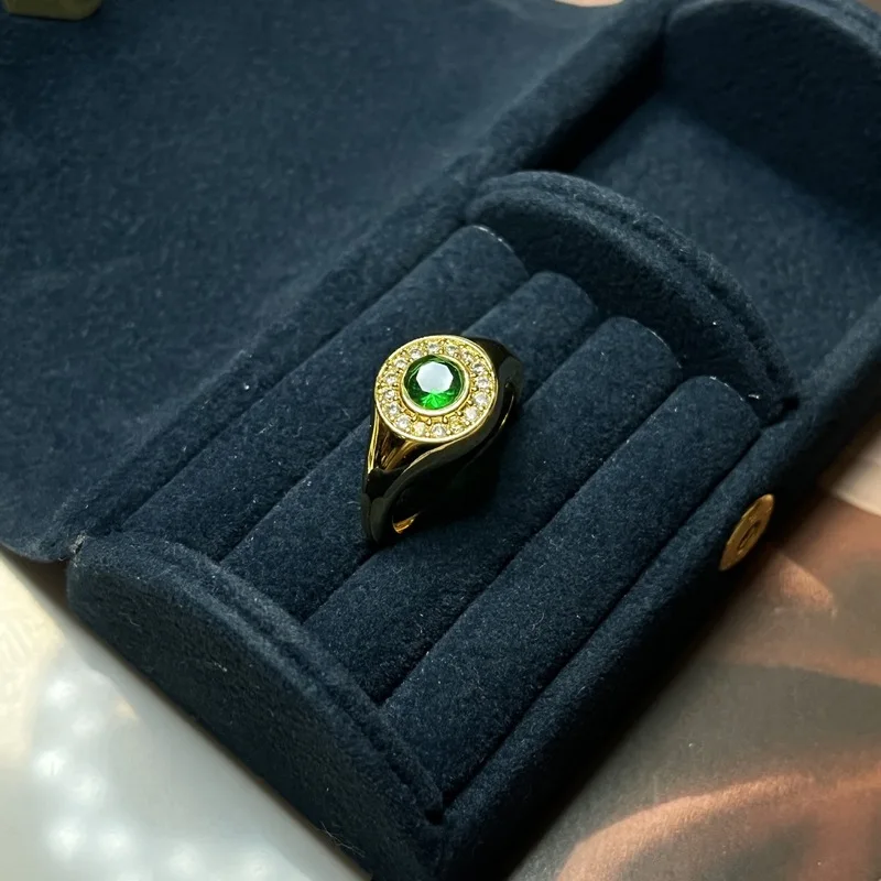 925 sterling silver brushed wide version tiger eye stone tail ring zircon ring, high-end retro ring, women's emerald green