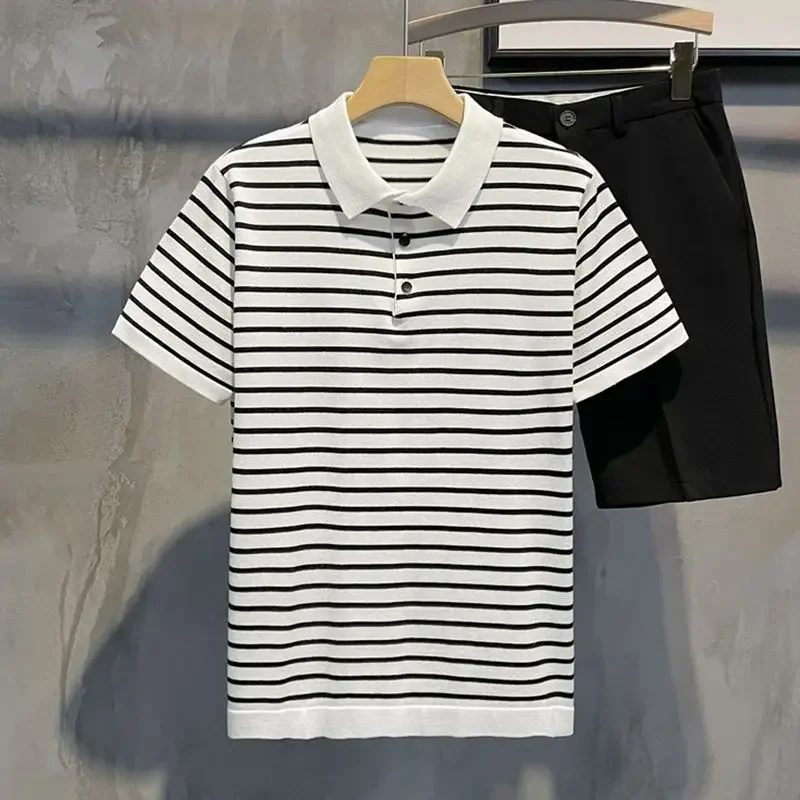 Lapel Trend Breathable Short-sleeved T-shirt Male Casual Versatile Slim Top Retro Black White Striped Men Knitted Polo Shirt