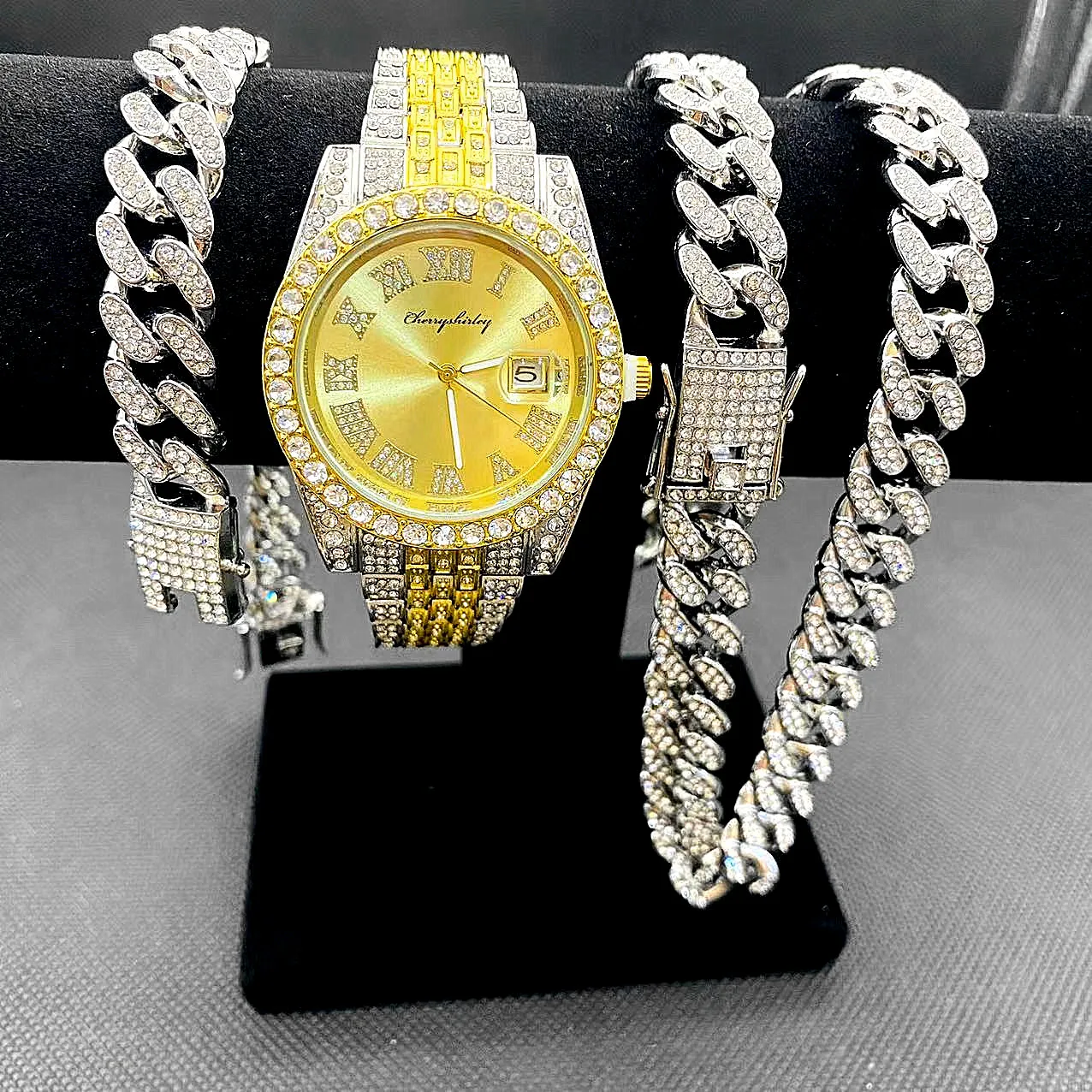 Full Iced Out Watches Men Gold Cuban Link Chains Bracelet Necklace Chokers Rapper Club Bling Fashion Jewelry for Men Watch Set