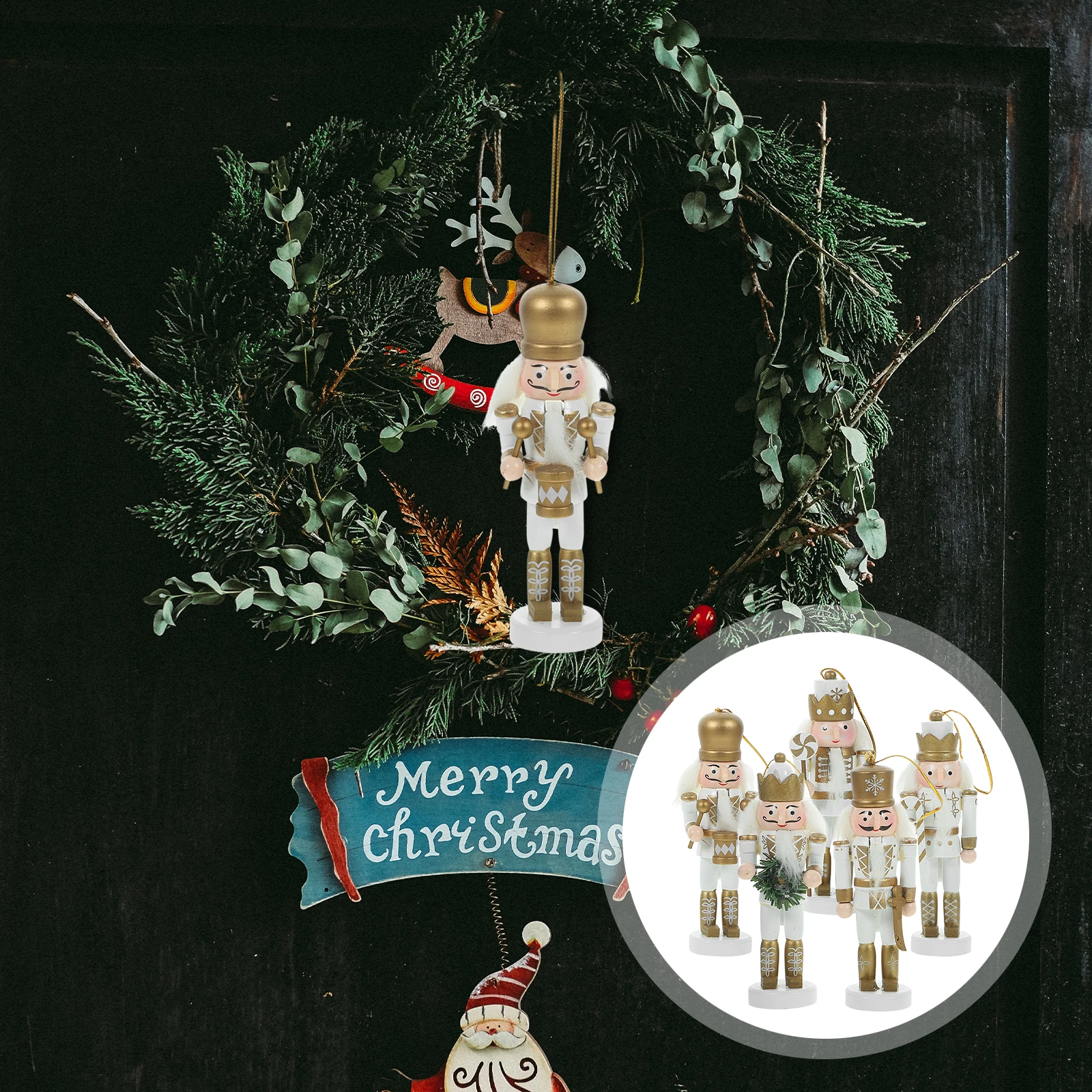

5pcs Hanging Decor Small Pendant Xmas Gift Holiday Nutcracker Ornament Home Car Office Decoration Wood Crafts Puppet Nutcrackers