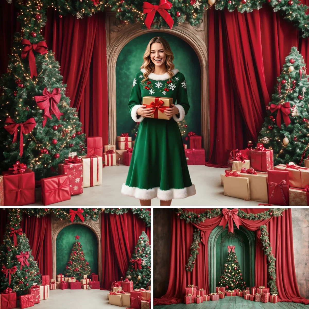 

Christmas Photography Backdrops Red Bow Wreath Curtain Green Arch Xmas Trees Gifts Kids Adults Xmas Party Decor Photo Background