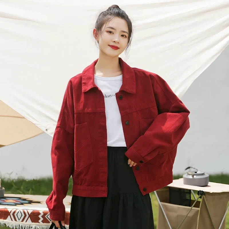 2025 Moda mujer Vino suelto - Vaquero rojo Retro Hong - Estilo Béisbol Ins Ropa de abrigo de otoño de moda