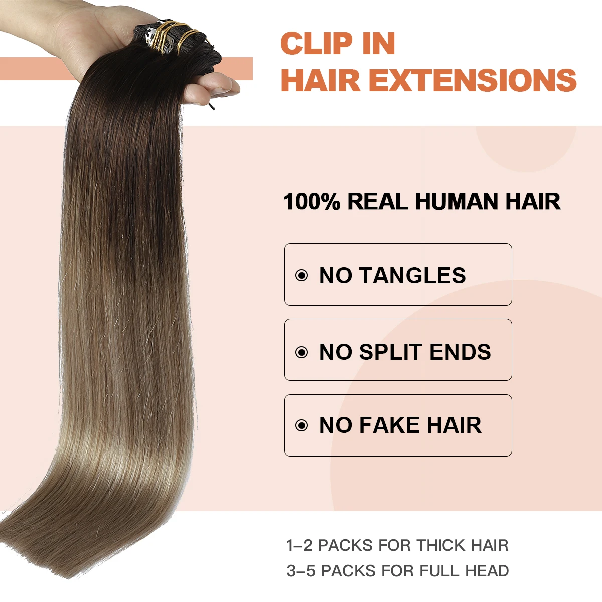 XDhair-Extensions de cheveux à clipser, cheveux humains, 100g, 6 pièces, 16 pouces, Balayage brun foncé à brun châtain et blond sale