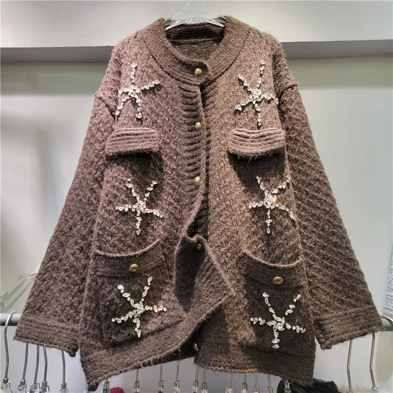 Hollow Sweater Cardigan Autumn and Winter Loose Heavy Industry Diamond-encrusted Round Neck Long-sleeved Knitted Sweater Women