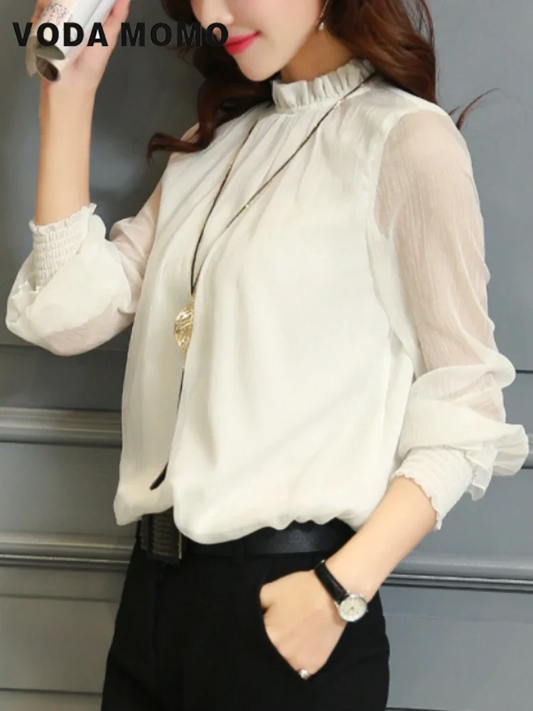 

Однотонные топы, блузка, весна-лето, новая кружевная шифоновая рубашка, женская сетчатая рубашка с длинными рукавами и рюшами, модные повседневные топы, элегантные рубашки