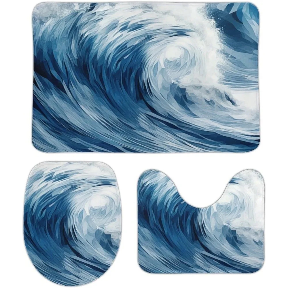 

3-х предметный набор ковриков для ванной комнаты, нескользящий набор ковриков для ванной, синие волнистые художественные коврики, моющийся коврик с крышкой унитаза, контурные коврики