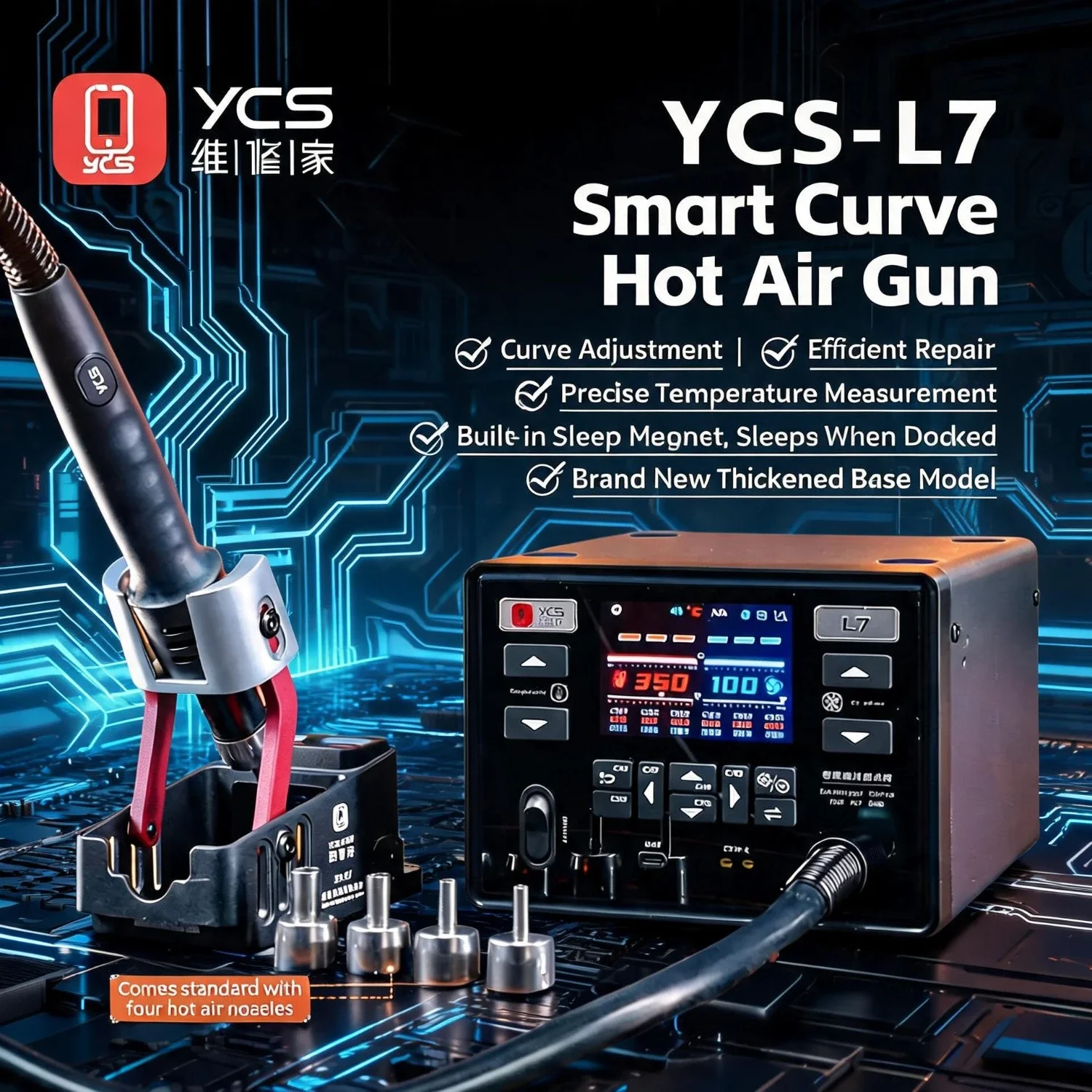 YCS-L7 1400W Smart Curve Hot Air Rework Station Auto Sleep BGA Desoldering Tool with 4 Nozzles for Phone PCB Repair