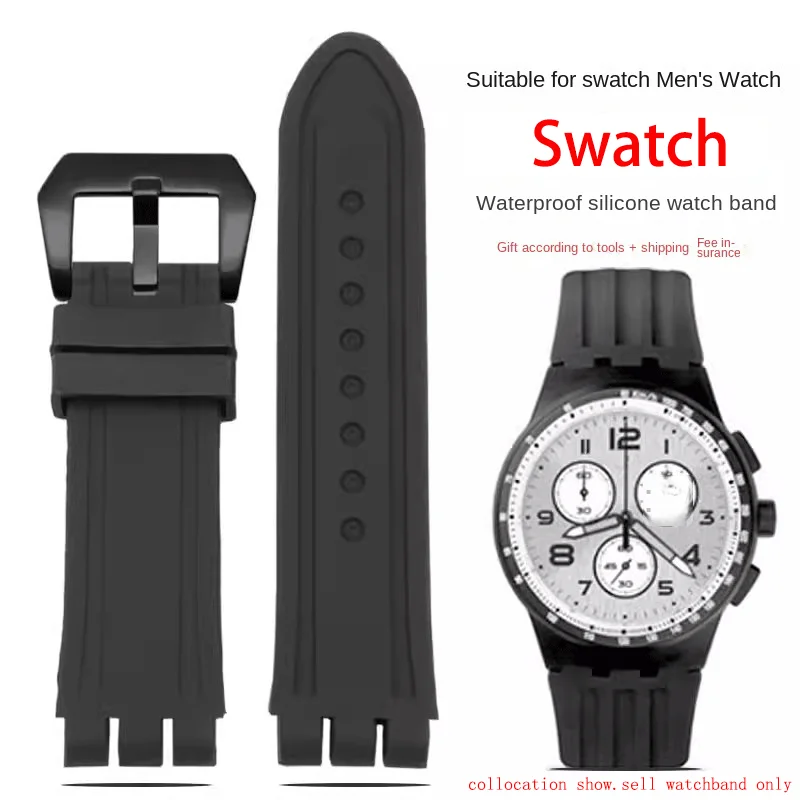 For Swatch YOS449 YOS401 447 black 23m rubber sweatproof watch strap man Refined steel Pin buckle   Silicone bracelet waterproof