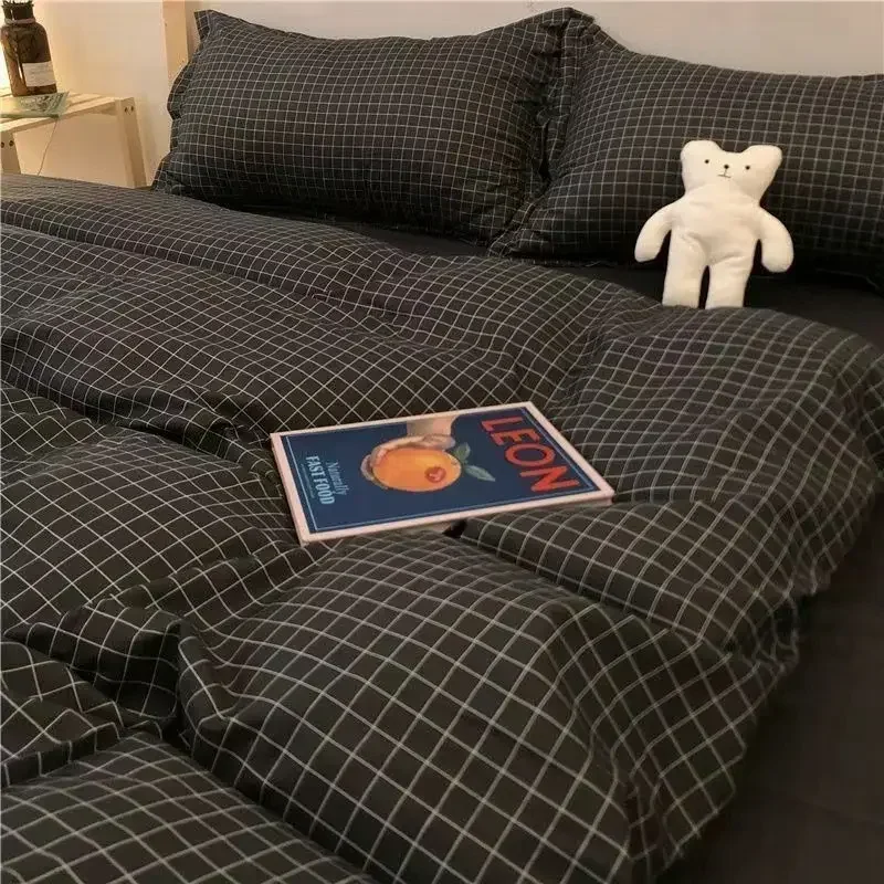 European Check Print Non Fading Bed Sets Simple Washed Cotton Stain Resistant Bedding Set Twin Full Queen King Size Bedclothes