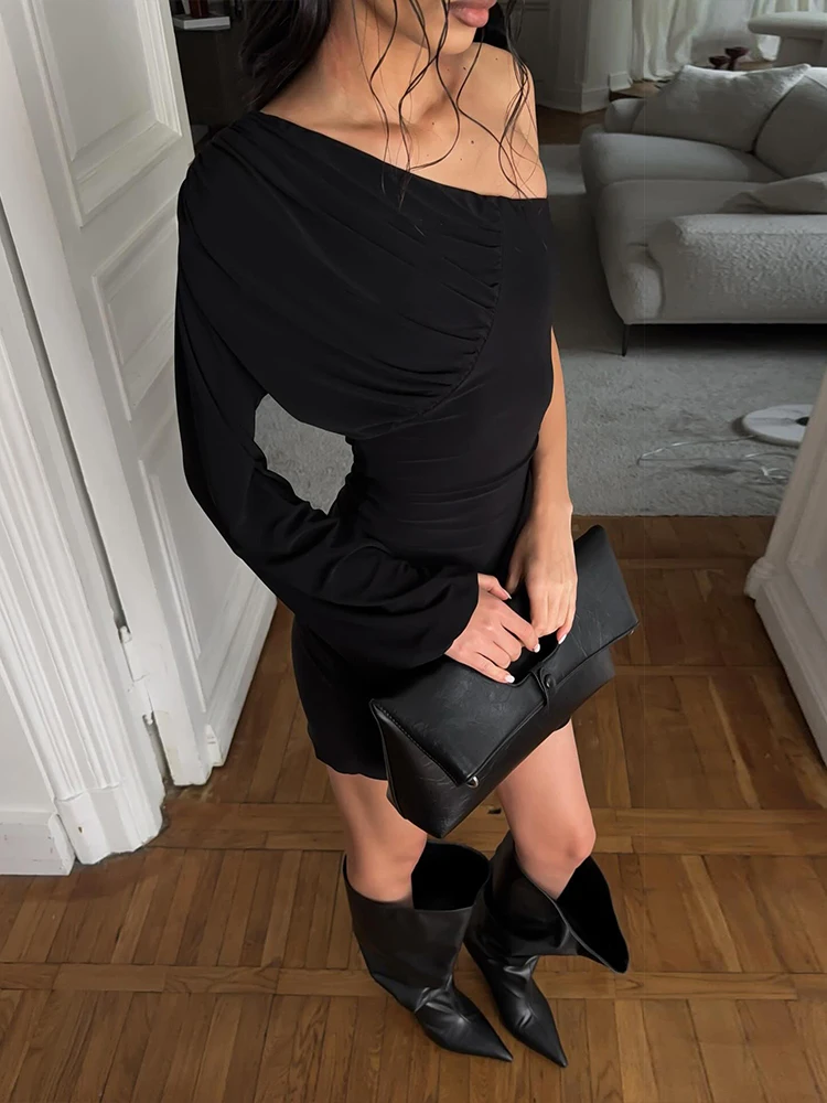 Sisterlinda Autumn One-Sided Sleeve Dress Women Asymmetrical Collar Folds Solid Skinny Fashion Sexy Prom Party Midnight Bodycon