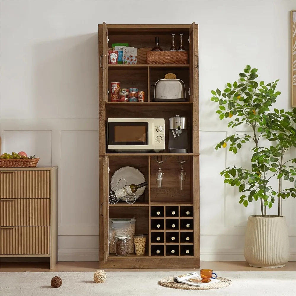 

76 Inch Tall Wine Cabinet with Barn Doors & Microwave Shelves, Large Wooden Faux Rattan Storage Cabinets, Farmhouse Bar Cabinet