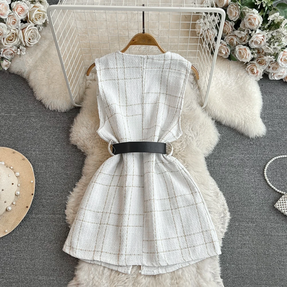 2024 Autumn/Winter Fashion Tweed Vest Royal Elegance V-neck Waist Sleeveless Belt Waist Slim Thick Tweed Vest Coat Dress