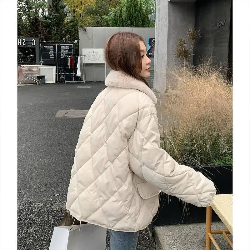 Loose Diamond Lattice Bread Clothing Women 2023 Fall and Winter Splicing Cotton Jacket Women Design Niche Cotton Parkas Female