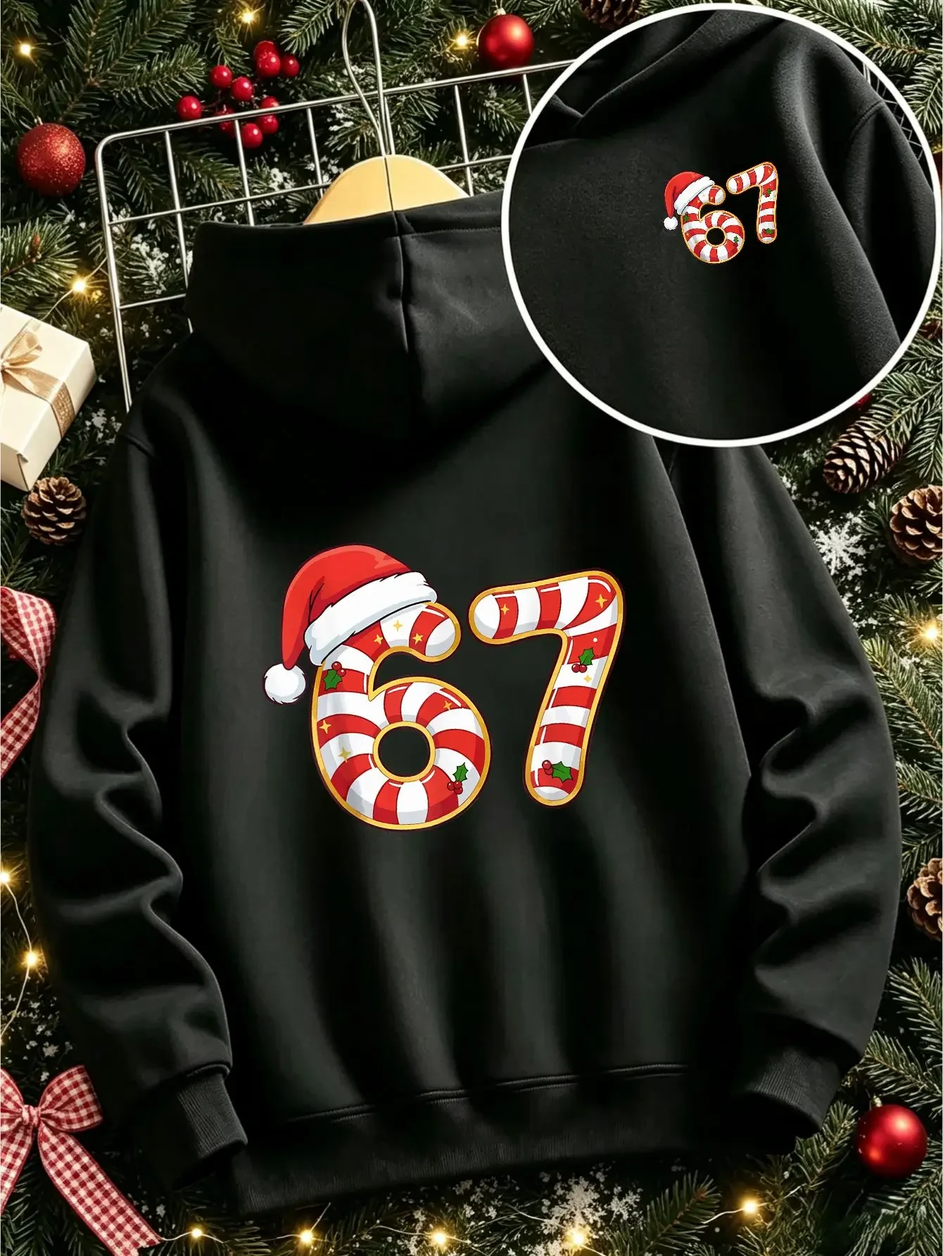 Kids Christmas 67 Hoodie Candy Cane Santa Hat Graphic Print Autumn Winter Fleece Lined Warm Long Sleeve Pullover
