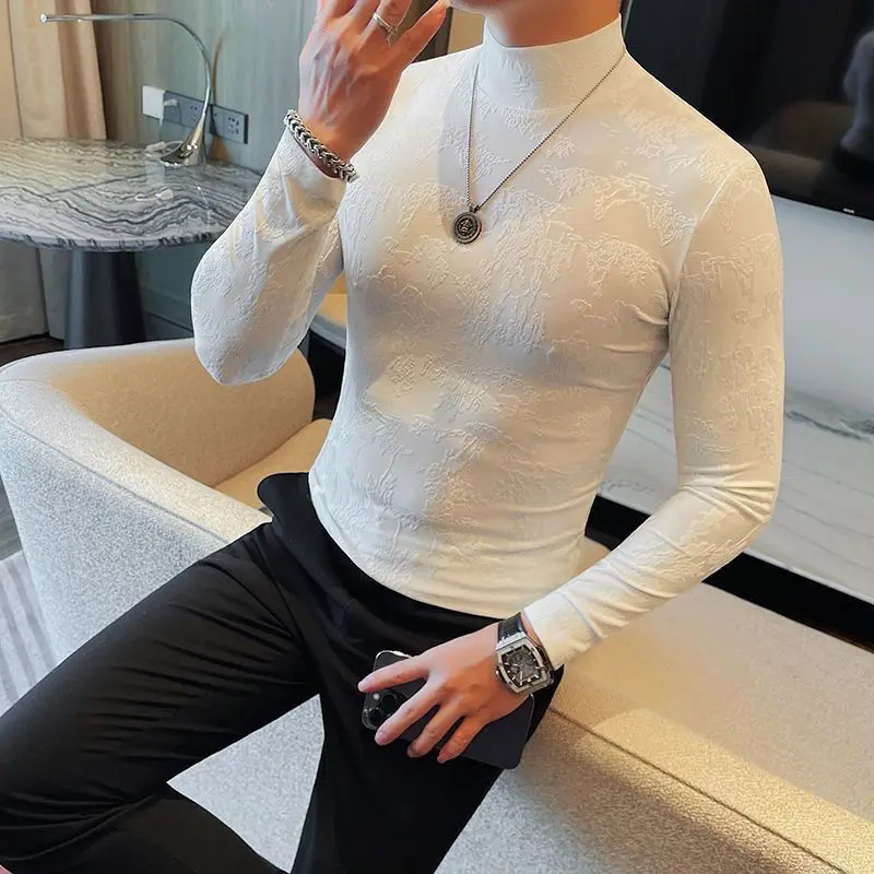 

Half High Collar Printed Man Pullovers Luxury 2025 Clothing Spring Aesthetic Sweatshirts Korean Autumn Normal T Shirt for Men