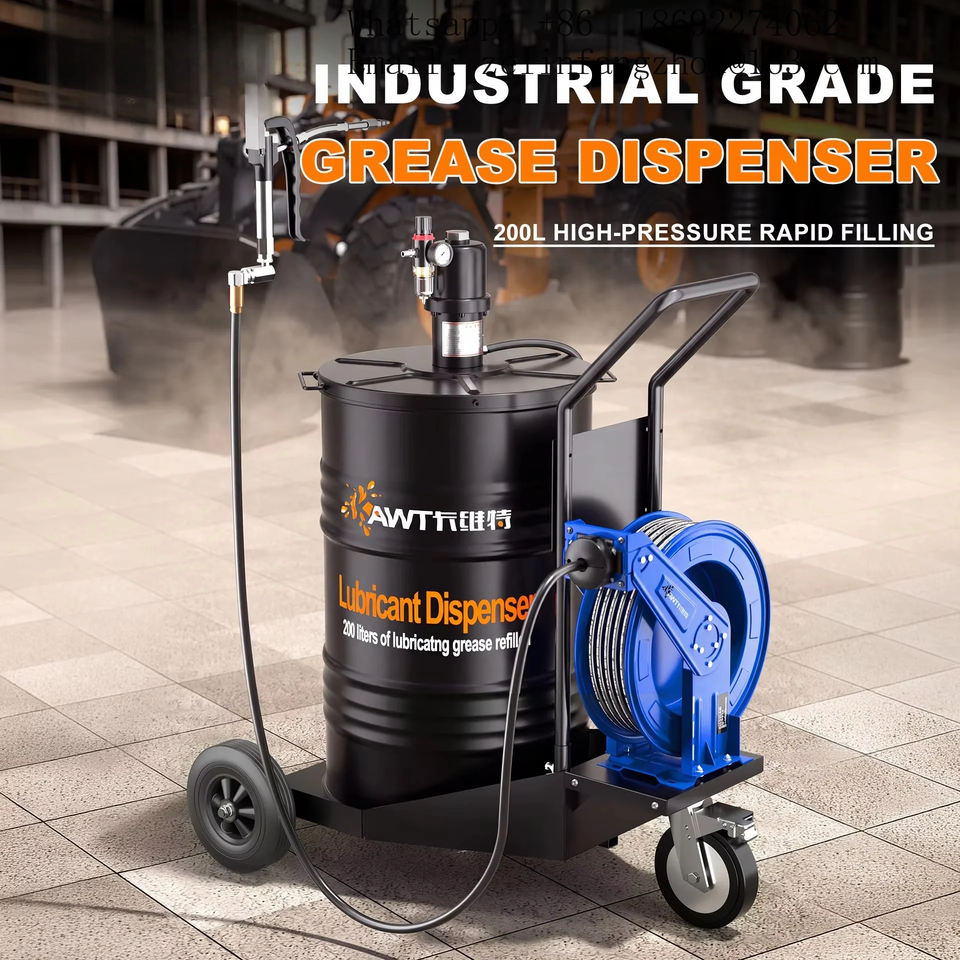 CAVITT 200L High Pressure Mobile Pneumatic Grease Pump Hose Reel Cart Grease Gun Lubrication System OEM Heavy Duty Kit