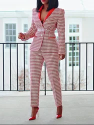 Classic Plaid Slim Fit Suit Women One Button Shawl Lapel Casual two Pieces Sets (Jacket+Pants) Women