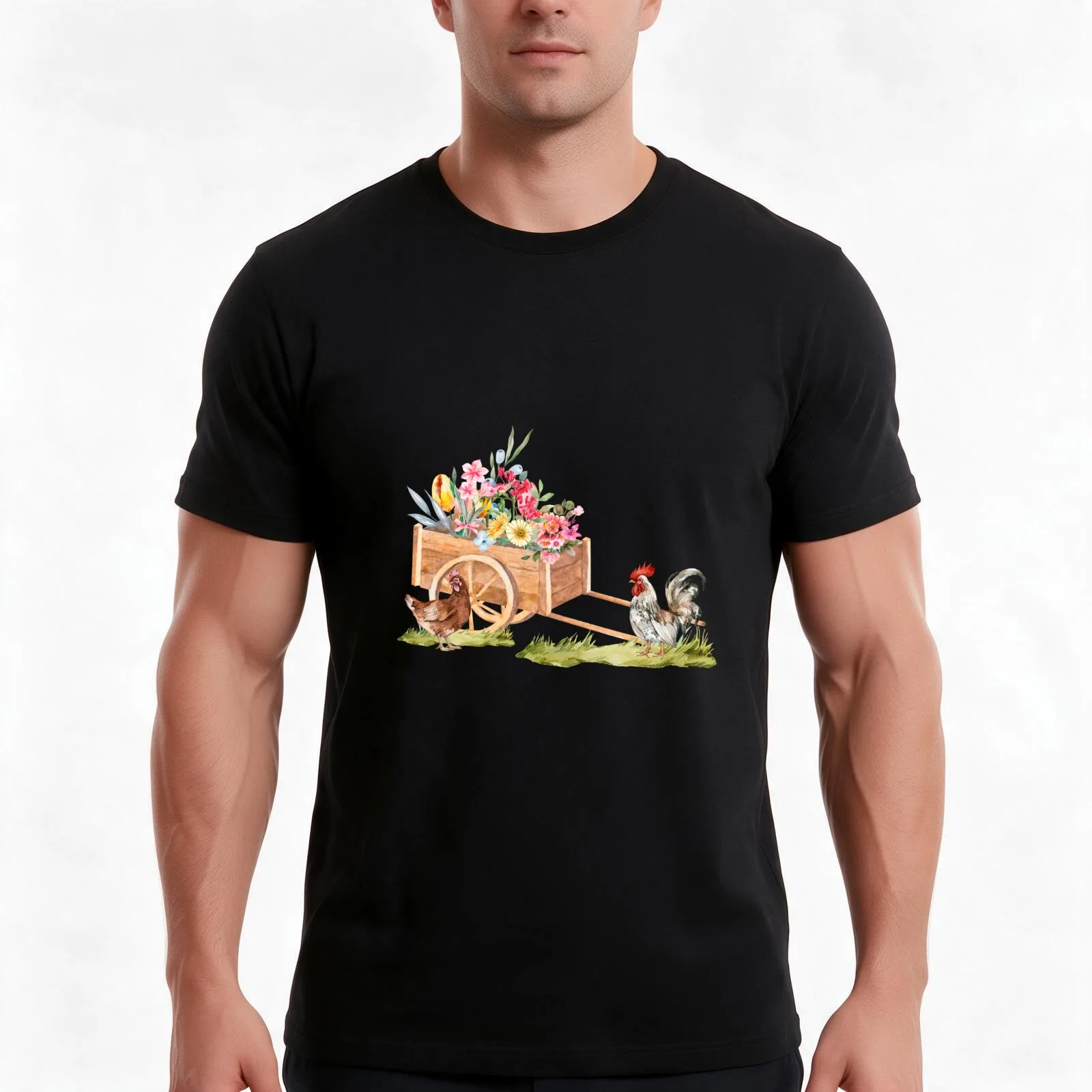 Spring watercolor illustration : wooden cart with flowers near a hen and a rooster T-Shirt Summer Casual Cotton Tee