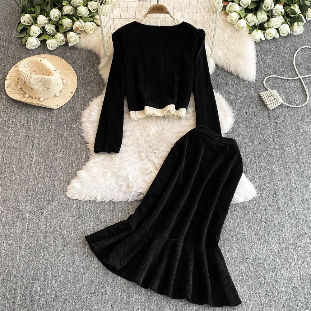 Chic Women Two-Piece Sets Vintage Square Neck Ruffle Corduroy Top and High Waist Skirt French High Street Autumn Winter Clothing