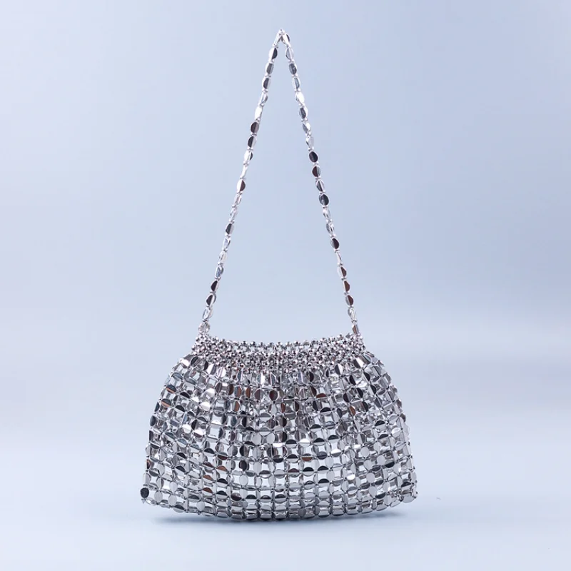 New Handmade Silver Gold Flat Beaded Weaving Large Capacity Dumplings Fashion Trend Women Shoulder Handheld Versatile Bucket Bag