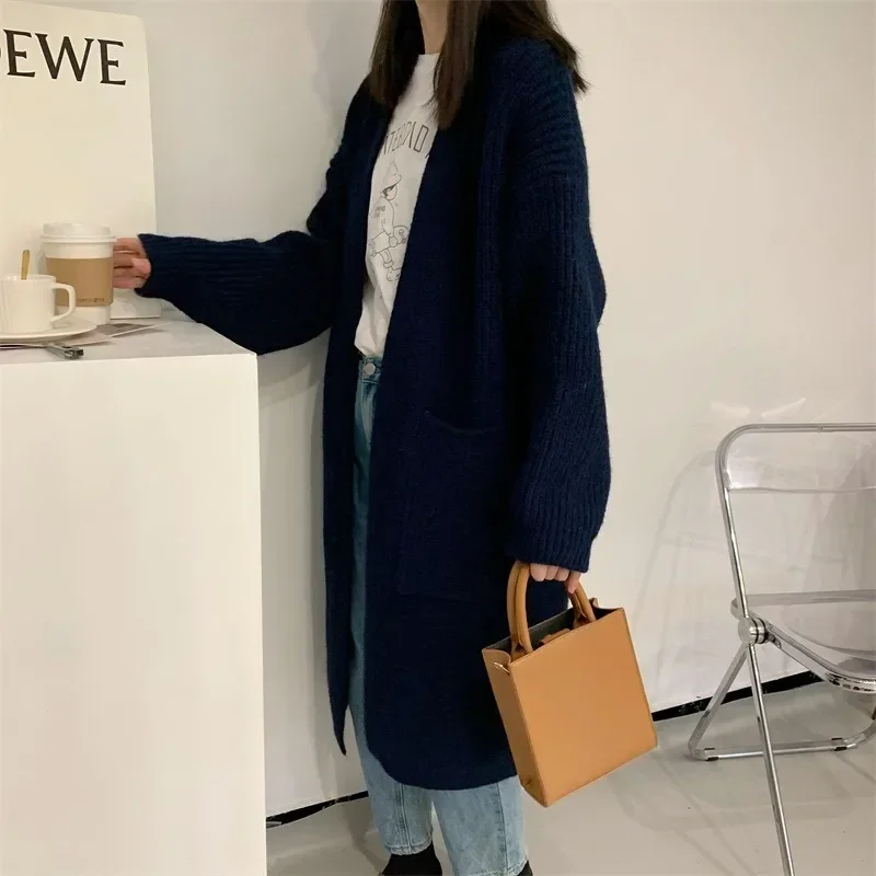 2023 Women Solid Full Sleeve Sweaters Long Coats V Neck Knitted Thick Mid Length Cardigan Splice Loose Casual Autumn Winter