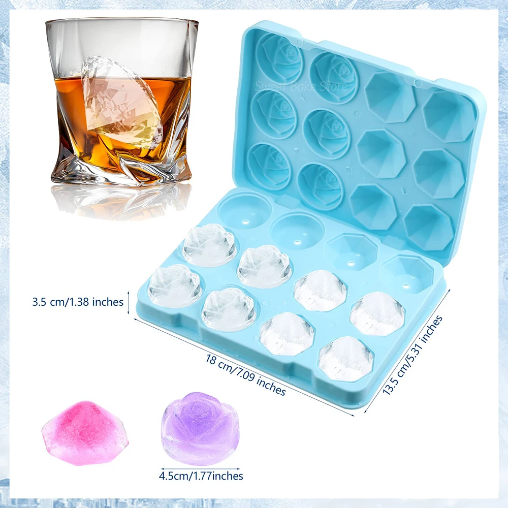 12-Cavity 3D Rose Ice Cube Mold, Diamond Ice Tray, Silicone Large Ice Ball Maker, for Whiskey, Cocktails, Drink, Kitchen Tools