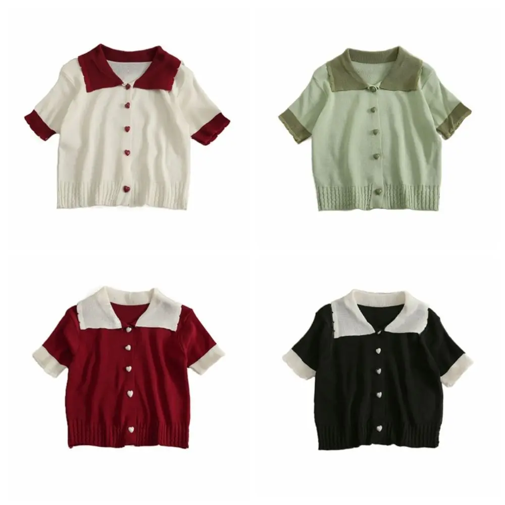 V-Ausschnitt T-Shirt mit Revers und Liebesknöpfen im Koreanischen Stil, Schlanke Crop-Tops für Damen, Streetwear Patchwork Kurzarm-Tops für Mädchen und Frauen