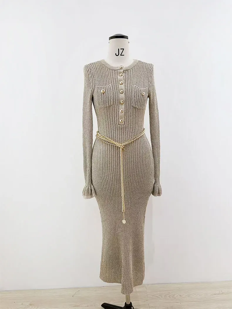 

Elegant Long Knitted Dress Gold round Neck Hollow out Petal Long Sleeve Slim Fit High Waist Vestiment for Ladies Party Wear