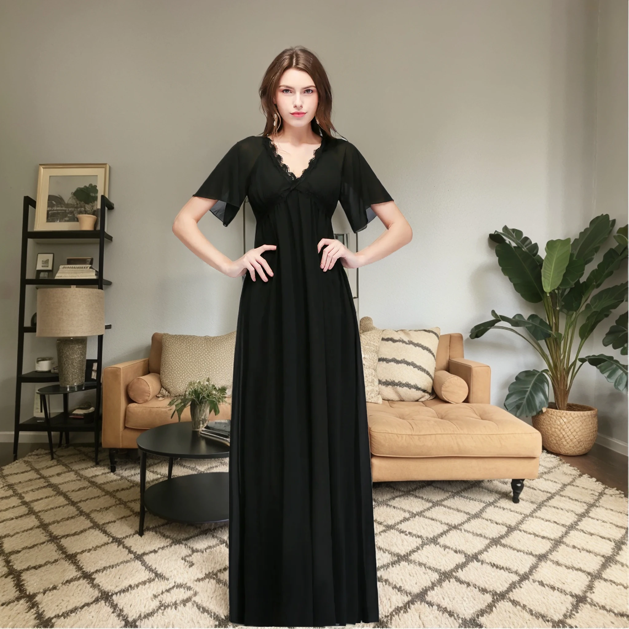 

Women's Summer Long Dresses Black Tulle Short Sleeve Lace Ruffles V-Neck Backless Prom Dress Chiffon A-Line Floor-Length Gowns