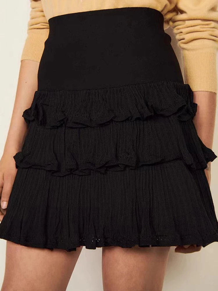 

Summer New Solid Color Black Mini Short Skirts For Women High Waist Pleated Layer Cake Type Knitted Skirt ladies