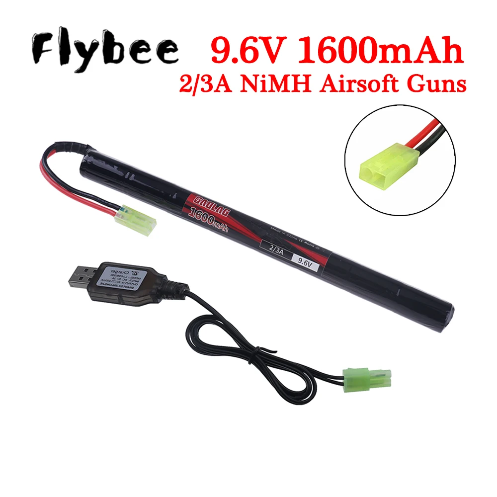 9.6V Airsoft Battery 1600mAh 2/3A 9.6v NiMH Stick Battery with Mini Tamiya Connector for AK47 MP5K RPK PKM G36C MC51 Rifle Guns