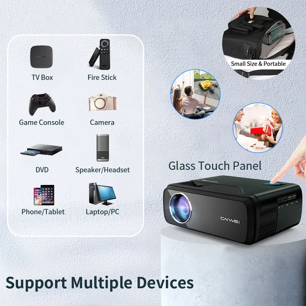 Projetor Inteligente Portátil para Cinema em Casa, Tela 4K, 7800Lumens, WiFi, Bluetooth, Suporte Android, iPhone, Janela, 1080P