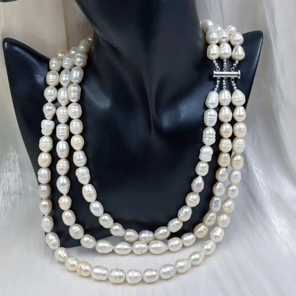 

9-11 мм 3-прядное элегантное ювелирное изделие с розовым рисом, натуральный пресноводный жемчуг, 3 слоя, ожерелье 18-20 дюймов