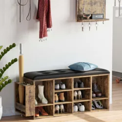 IRONCK Shoe Bench, 10 Cubbies Storage Entryway Bench with PU Leather, Cubby Shoe Rack Adjustable Shelves for Living Room Bedroom