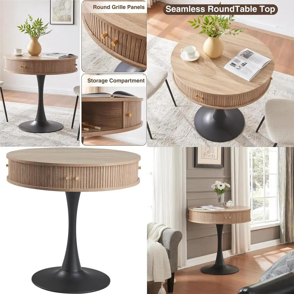 

Round Oak Kitchen Table with Hidden Storage, 31.5 Diameter, Sliding Door Breakfast Desk, Black Metal Base