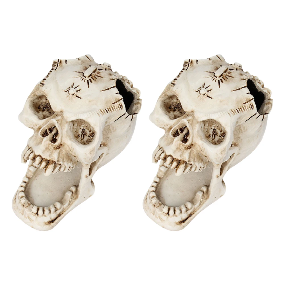 

2pcs Skull Pen Holder Desk Decor Goth Halloween Resin Pencil Organizer Office Supplies Bedroom Adornment
