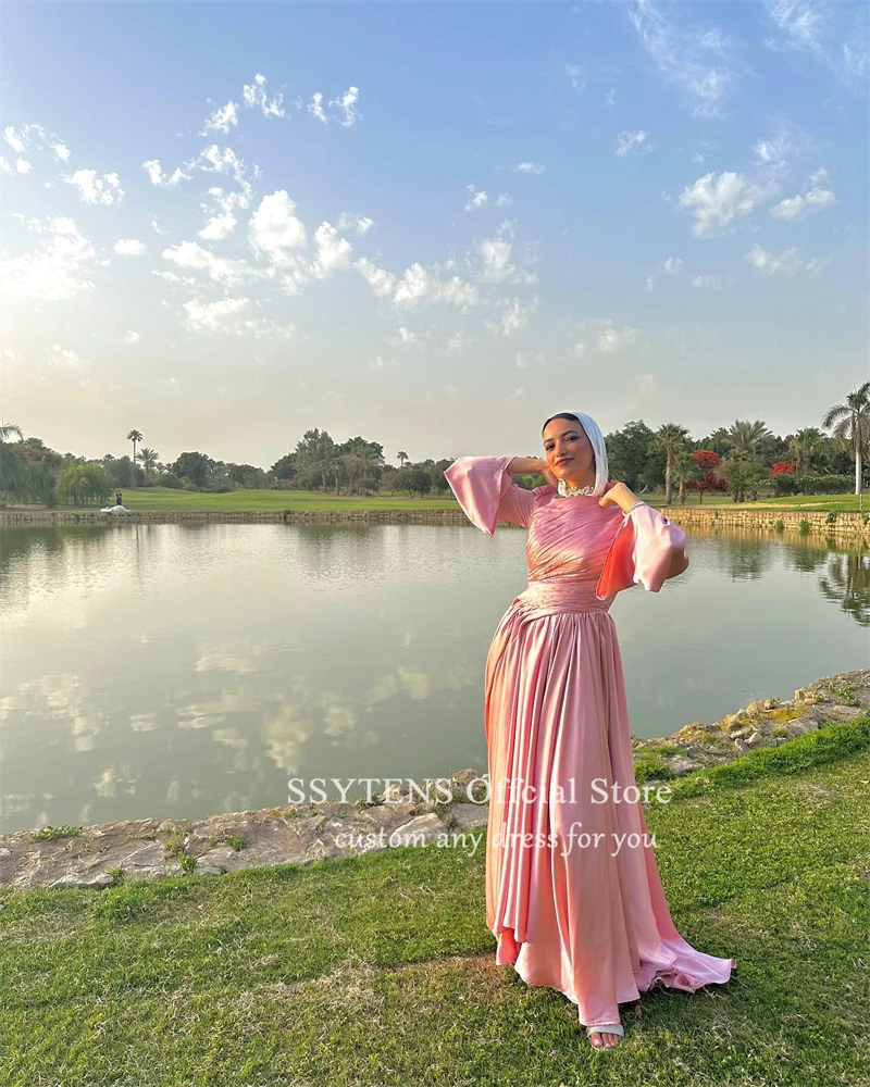 SSYTENS Elegant Pink Muslim Formal Evening Dresses Robes De Soiree Dubai Arabic Party Prom Gowns Saudi Long Sleeves For Women