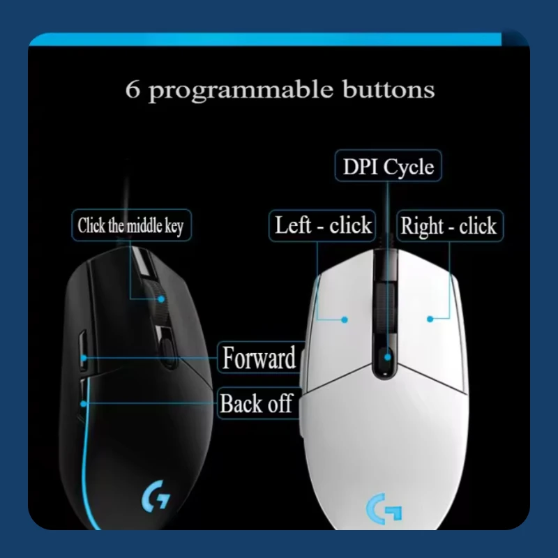 Przewodowa mysz do gier Logitech G102/G203, zapewniająca wysokiej jakości wydajność w e-sportie, precyzyjny czujnik 8000 DPI, konfigurowalne podświetlenie RGB.