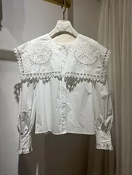 2024 New Spring Summer Cotton White Embroidery Floral Long Sleeve Hollow Out Turn Down Collar Blouse Tops for Women